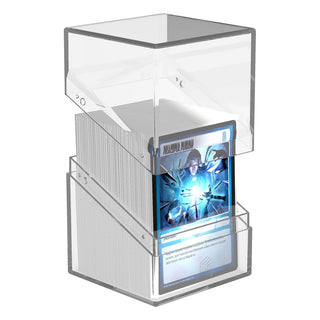 Ultimate Guard Boulder 100+ Clear, transparente Kartenbox mit Karten, zeigt Inhalt durchsichtiger Deck-Box.