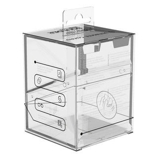 Transparente Ultimate Guard Boulder 100+ Deck-Box, zeigt Kartenaufbewahrung und Design-Details.