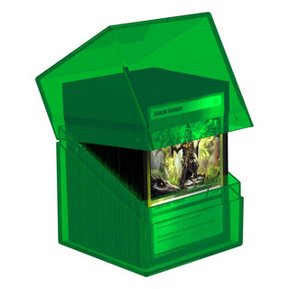 Ultimate Guard Boulder 100+ Clear Emerald Deck-Box mit Karten, transparentes Design.