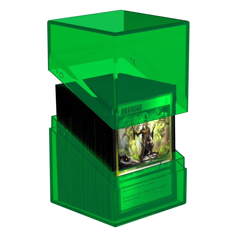 Ultimate Guard Boulder 100+ Clear Deck-Box in Emerald mit Karten sichtbar.