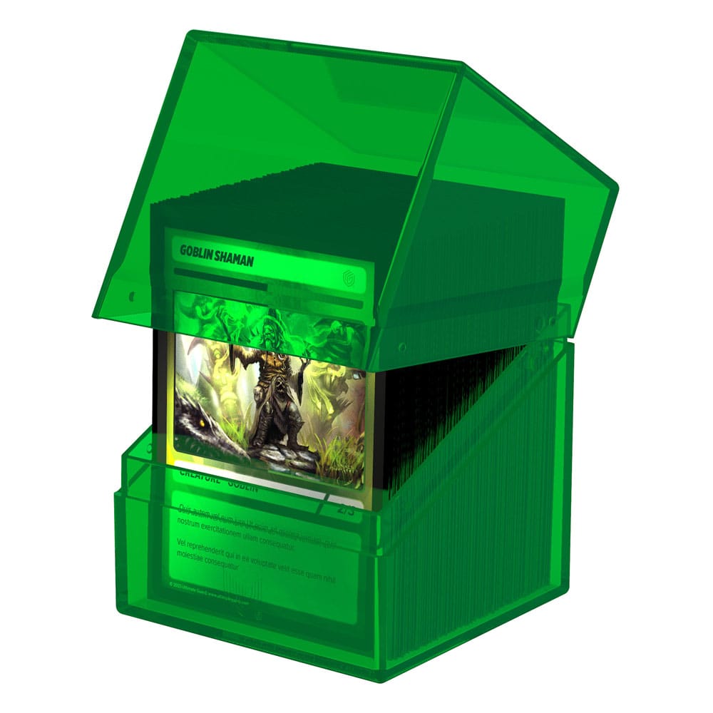 Ultimate Guard Boulder 100+ Clear Emerald Deck-Box mit Karten, transparent, geöffnet.