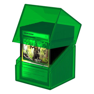 Ultimate Guard Boulder 100+ Clear Emerald Deck-Box mit Karten, transparent, geöffnet.