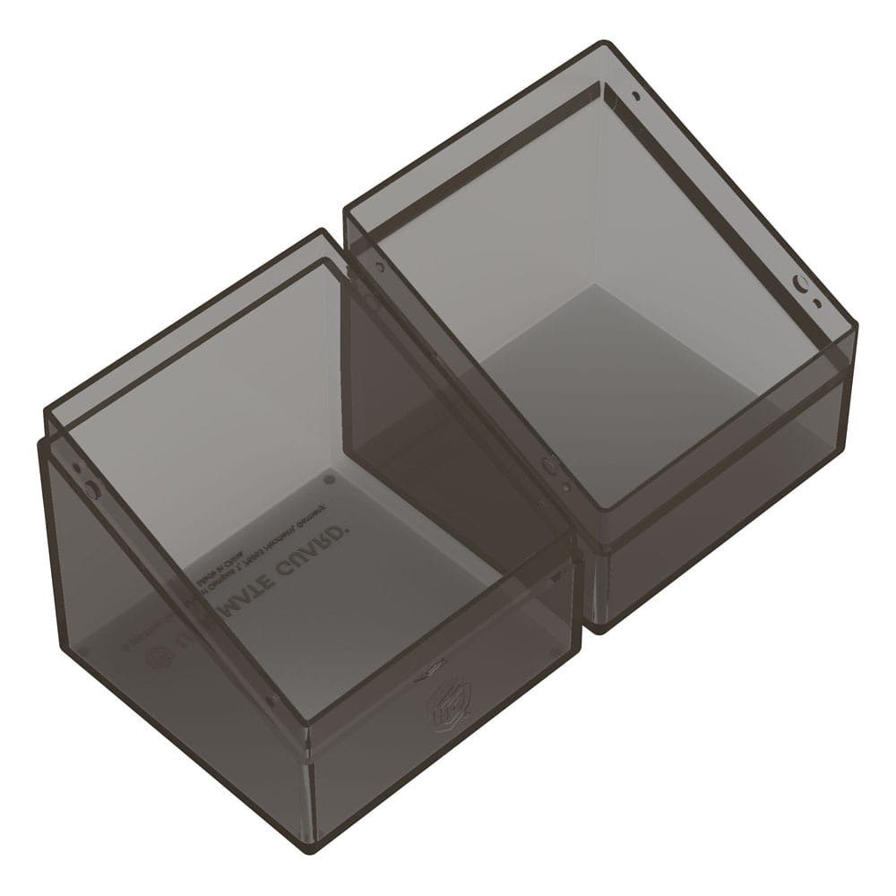 Ultimate Guard Boulder 100+ Clear Onyx, transparente Deck-Box, geöffnet, zeigt Innenraum.
