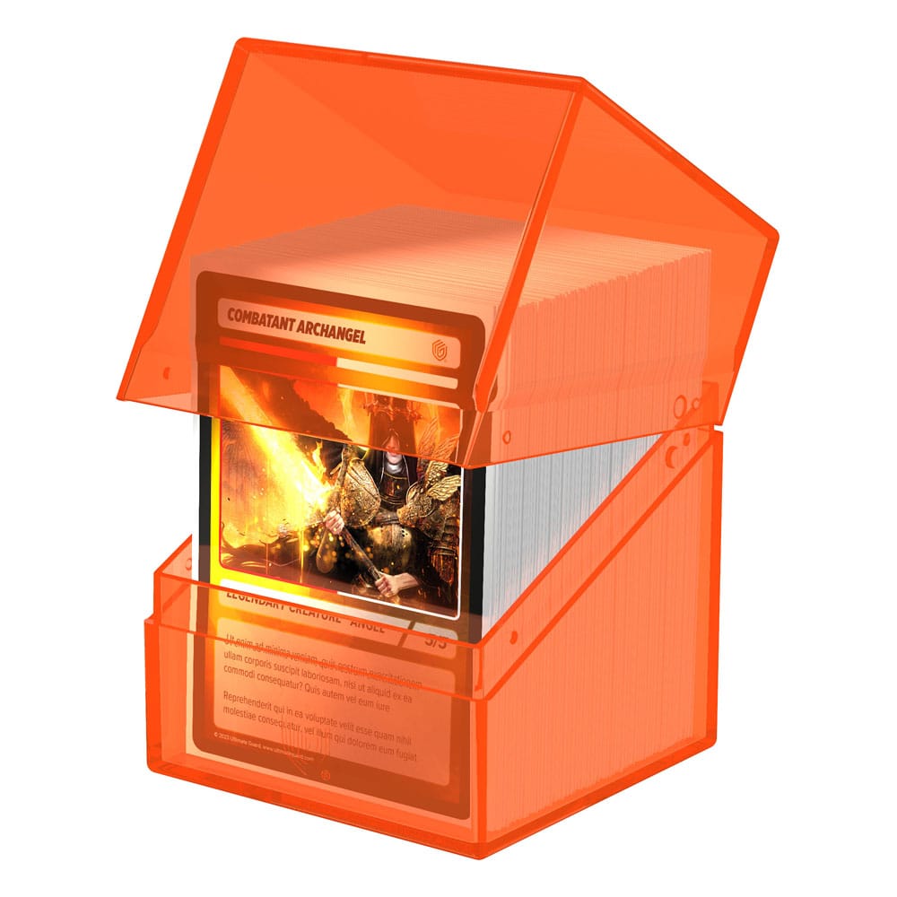 Ultimate Guard Boulder 100+ Clear Deck-Box in Poppy Topaz mit Karten sichtbar.