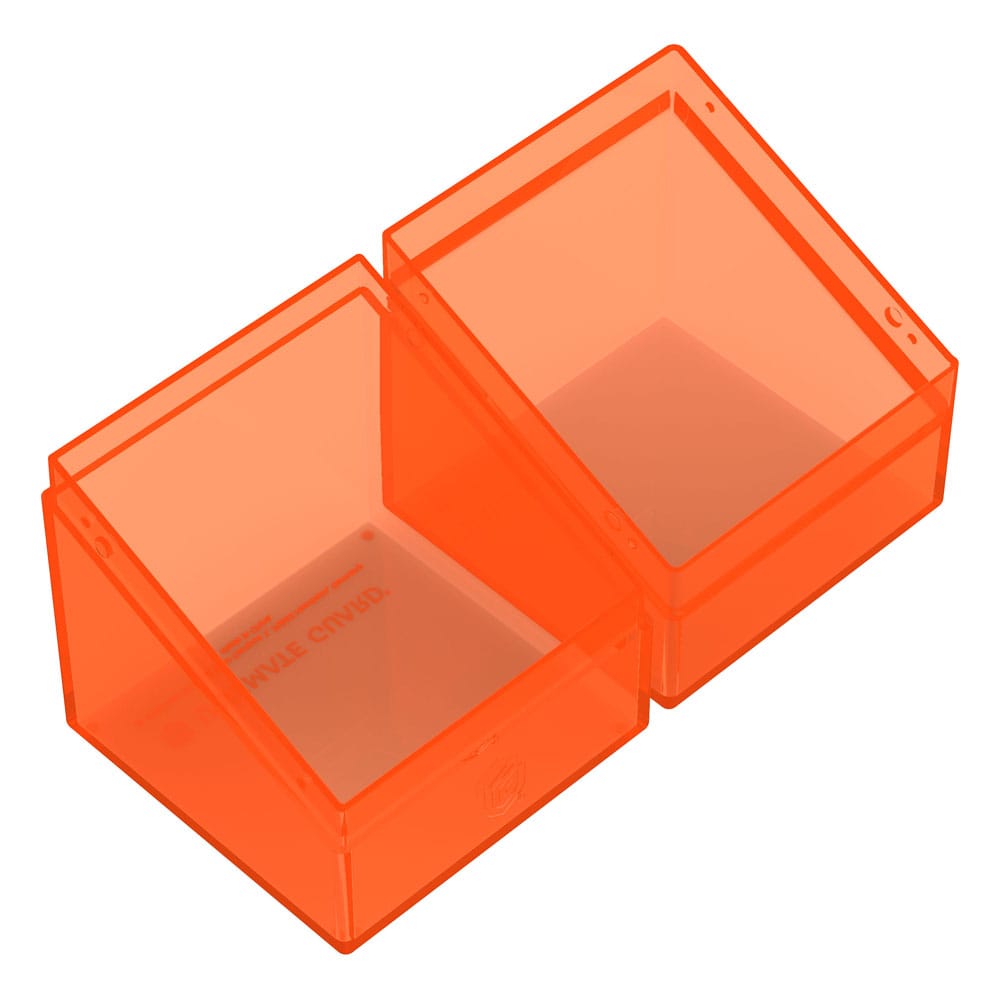 Transparente Ultimate Guard Boulder 100+ Deck-Box in Poppy Topaz, geöffnet.