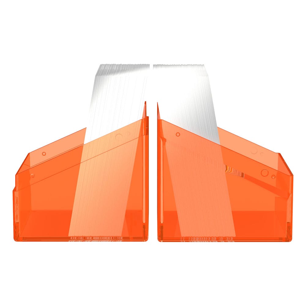 Ultimate Guard Boulder 100+ Clear Deck-Box, transparent mit orangefarbenem Design, geöffnet und leer.