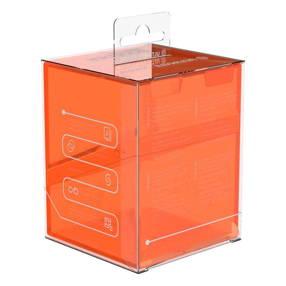 Ultimate Guard Boulder 100+ Clear Deck-Box, transparent mit orangefarbenem Design, für Kartensammler.