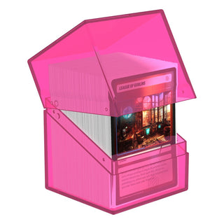 Transparente Ultimate Guard Boulder 100+ Rhodonite Deck-Box mit Karten sichtbar.