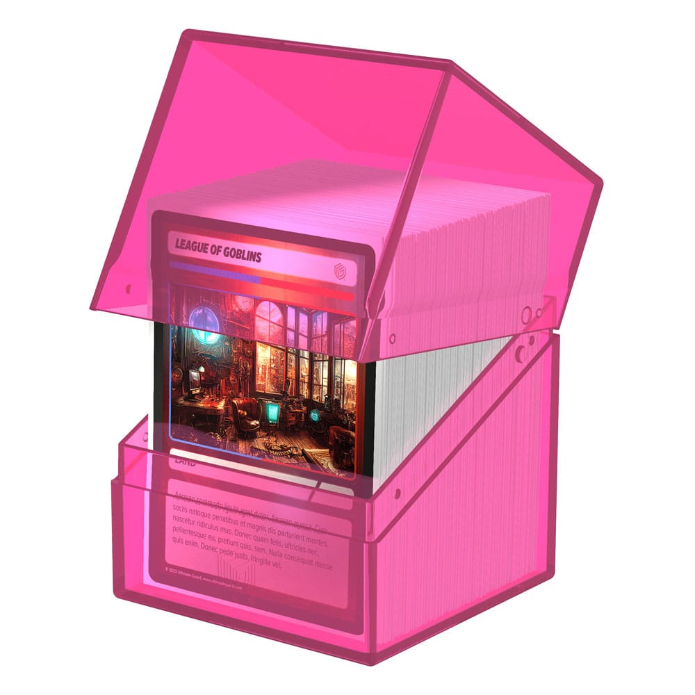 Transparente Ultimate Guard Boulder 100+ Rhodonite Deck-Box mit Karten, offener Deckel, zeigt Karteninhalt.