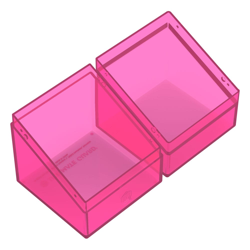 Transparente, pinke Ultimate Guard Boulder 100+ Deck-Box, geöffnet, zeigt Innenraum für Kartenaufbewahrung.