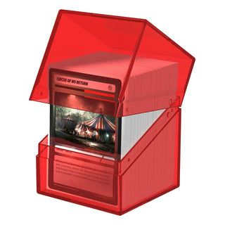 Ultimate Guard Boulder 100+ Clear Ruby Deck-Box, transparent, mit Karten sichtbar.