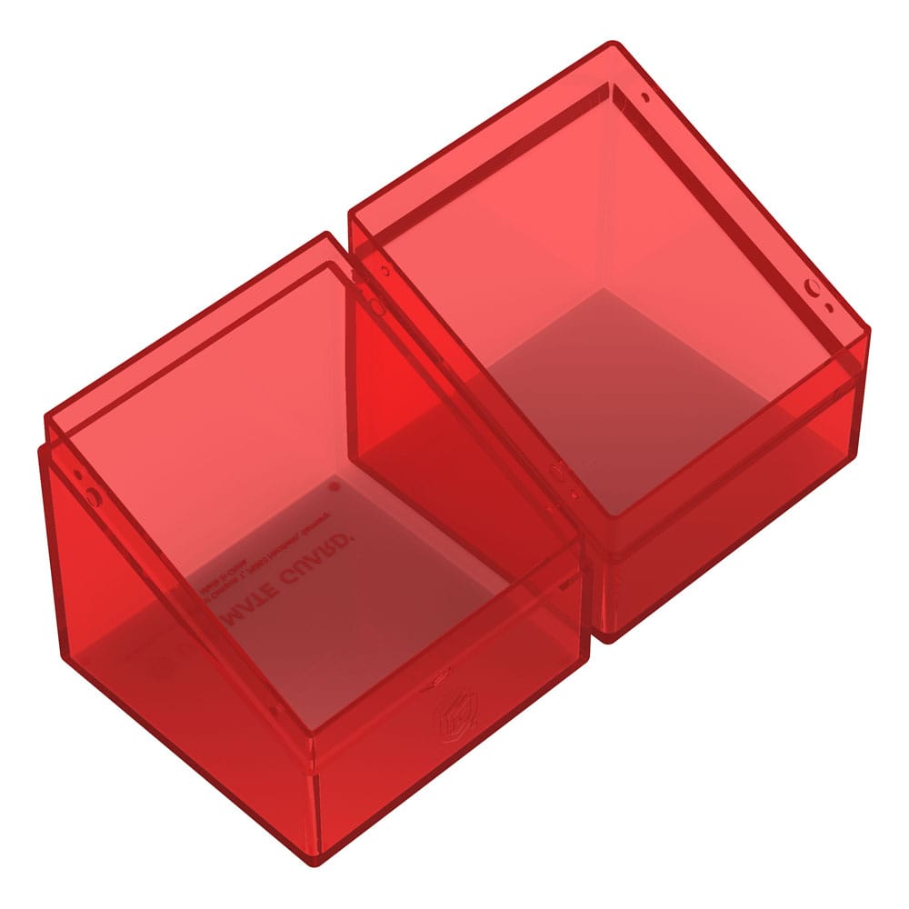 Rote, transparente Kartenbox "Ultimate Guard Boulder 100+ Clear" geöffnet, zeigt Innenraum.