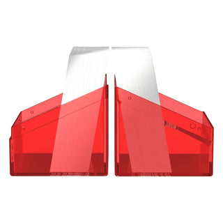 Transparente Ultimate Guard Boulder 100+ Clear Deck-Box in Rot, geöffnet, zeigt Kartenstapel.