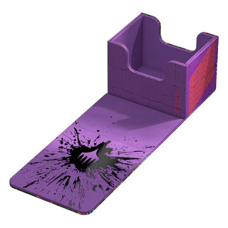 Lila Ultimate Guard Sidewinder 100+ Xenoskin Deck-Box mit schwarzem Spritzmuster, offen.