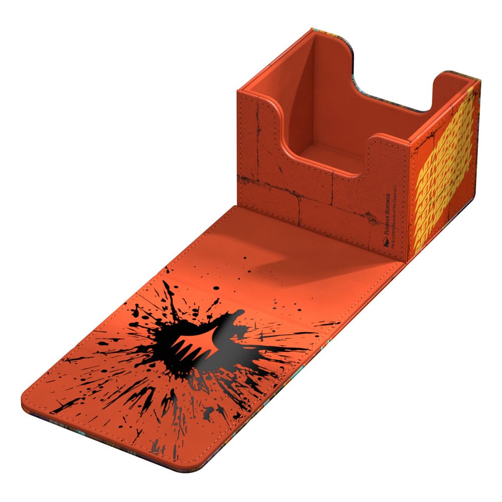 Ultimate Guard Sidewinder 100+ Xenoskin Deck-Box, orange, geöffnet, mit schwarzem Spritzmuster, für Magic: The Gathering.