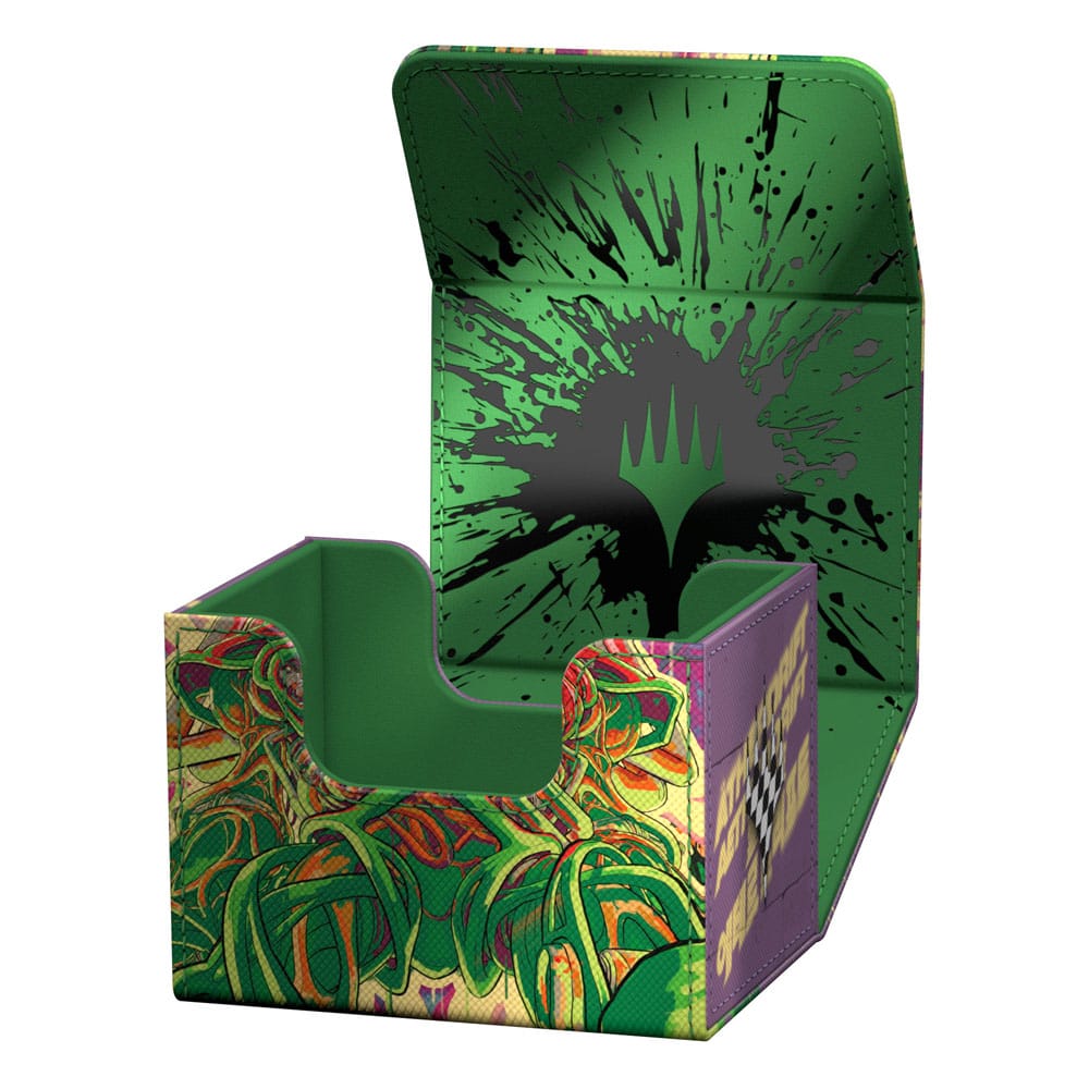 Ultimate Guard Sidewinder 100+ Xenoskin Deck-Box, offen, mit grünem und buntem Design für Magic: The Gathering.