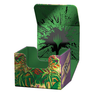 Ultimate Guard Sidewinder 100+ Xenoskin Deck-Box, offen, mit grünem und buntem Design für Magic: The Gathering.