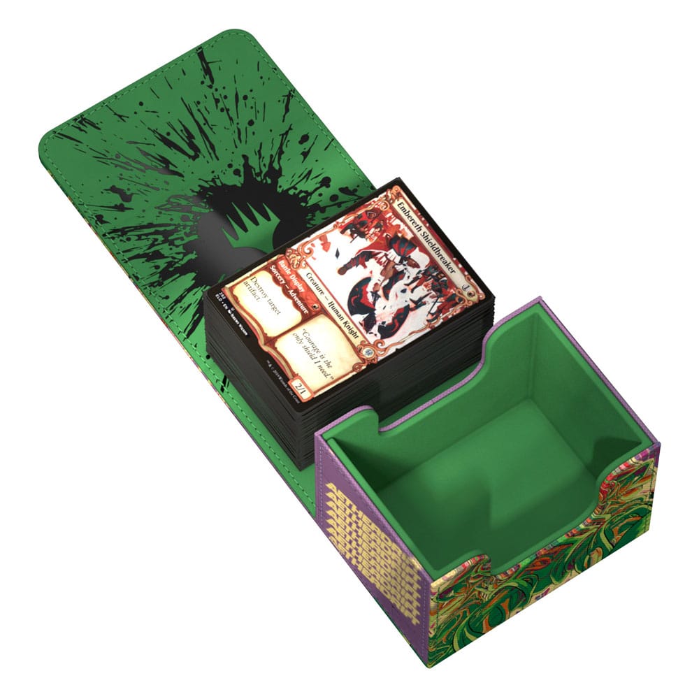 Ultimate Guard Sidewinder 100+ Xenoskin Deck-Box für Magic-Karten, grün-lila Design, geöffnet mit Karten.