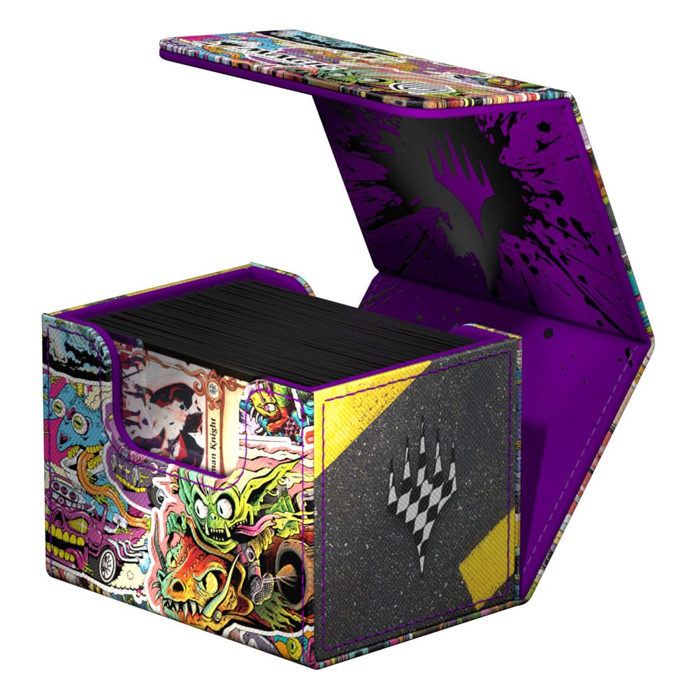 Ultimate Guard Sidewinder 100+ Xenoskin Deck-Box, buntes Design, geöffnet, Magic: The Gathering Aetherdrift Edition.