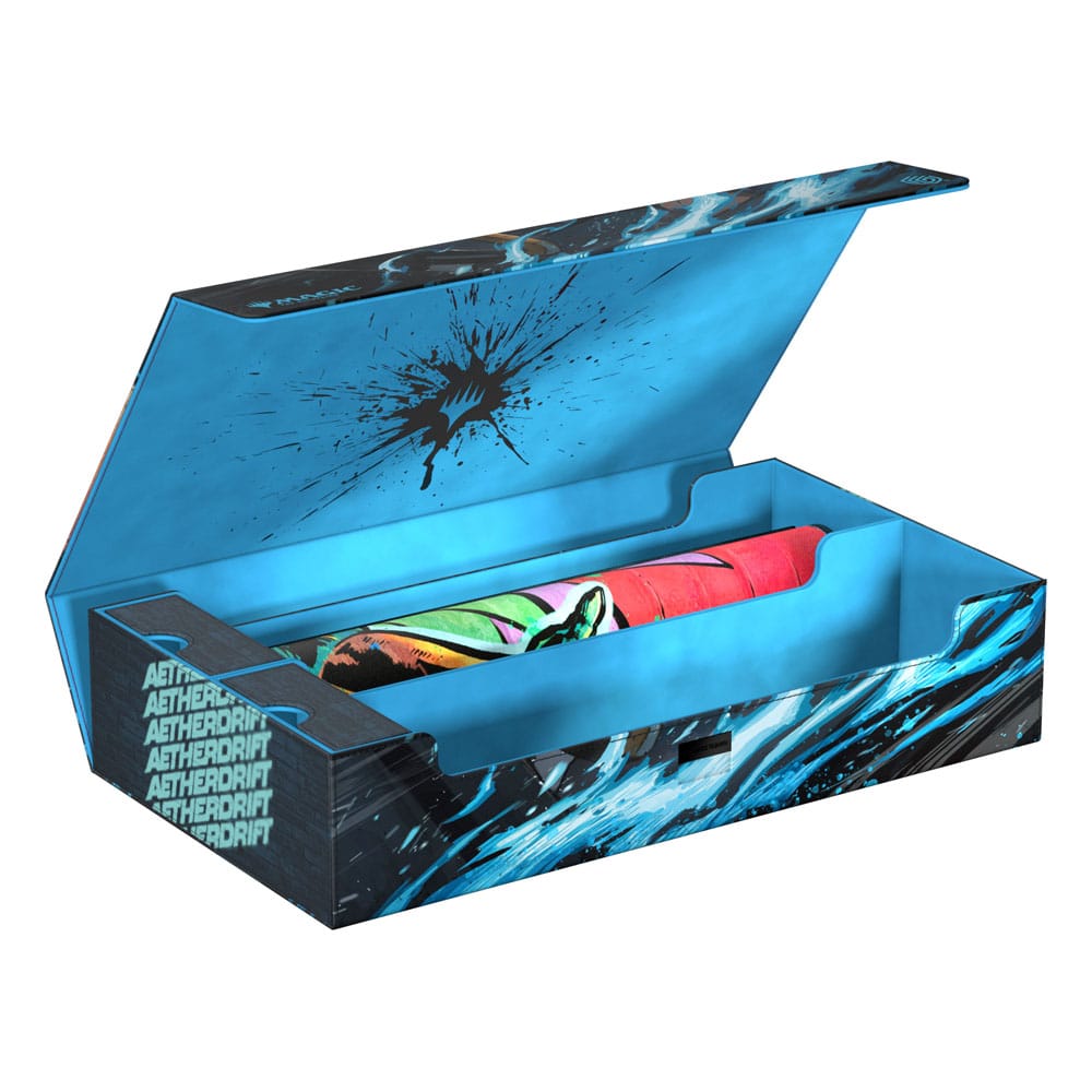 Ultimate Guard Omnihive 1000+ Xenoskin Box, blau, mit Aetherdrift Magic: The Gathering Design, geöffnet.