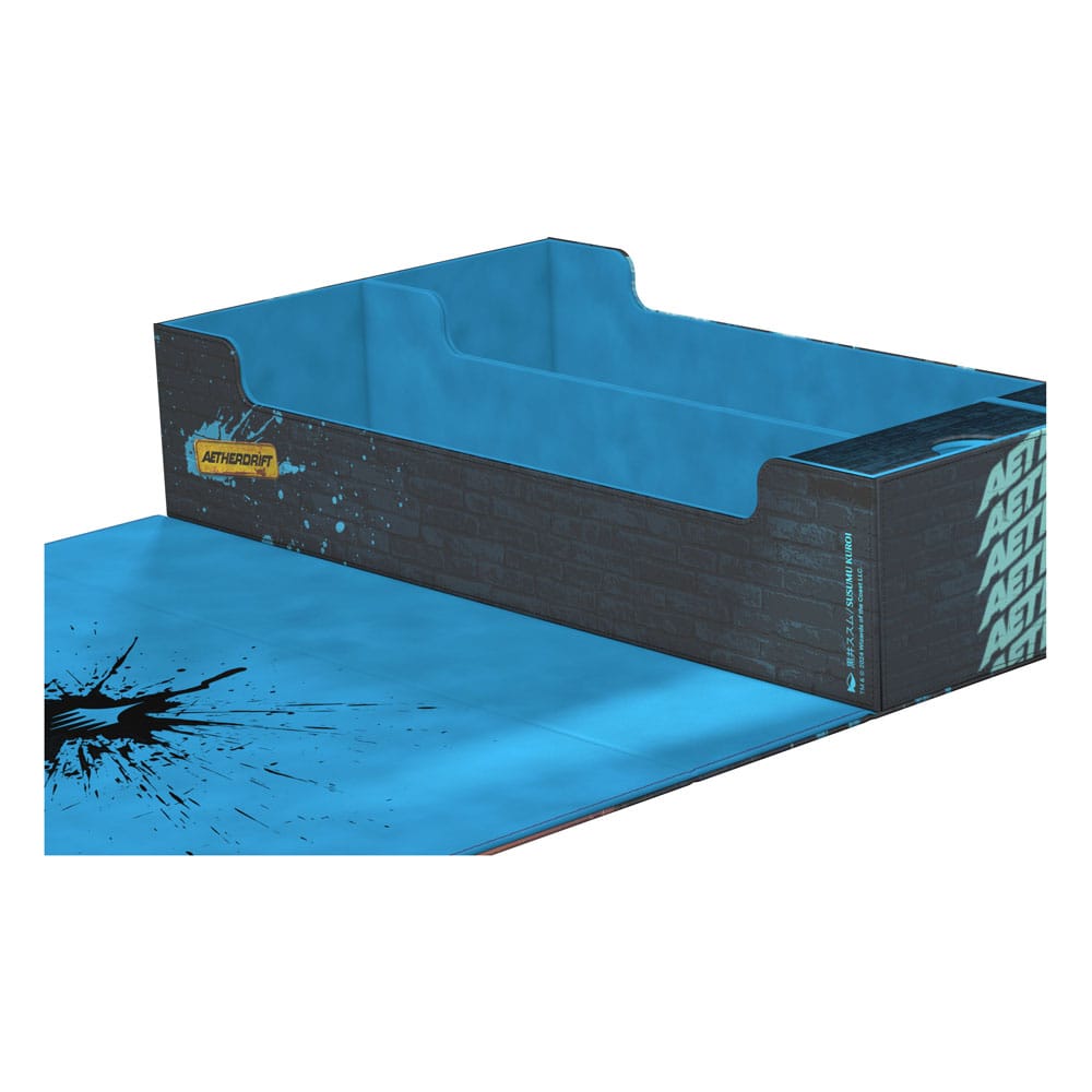 Ultimate Guard Omnihive 1000+ Xenoskin Aetherdrift Box, blaues Design, geöffnet, für Magic: The Gathering Karten.