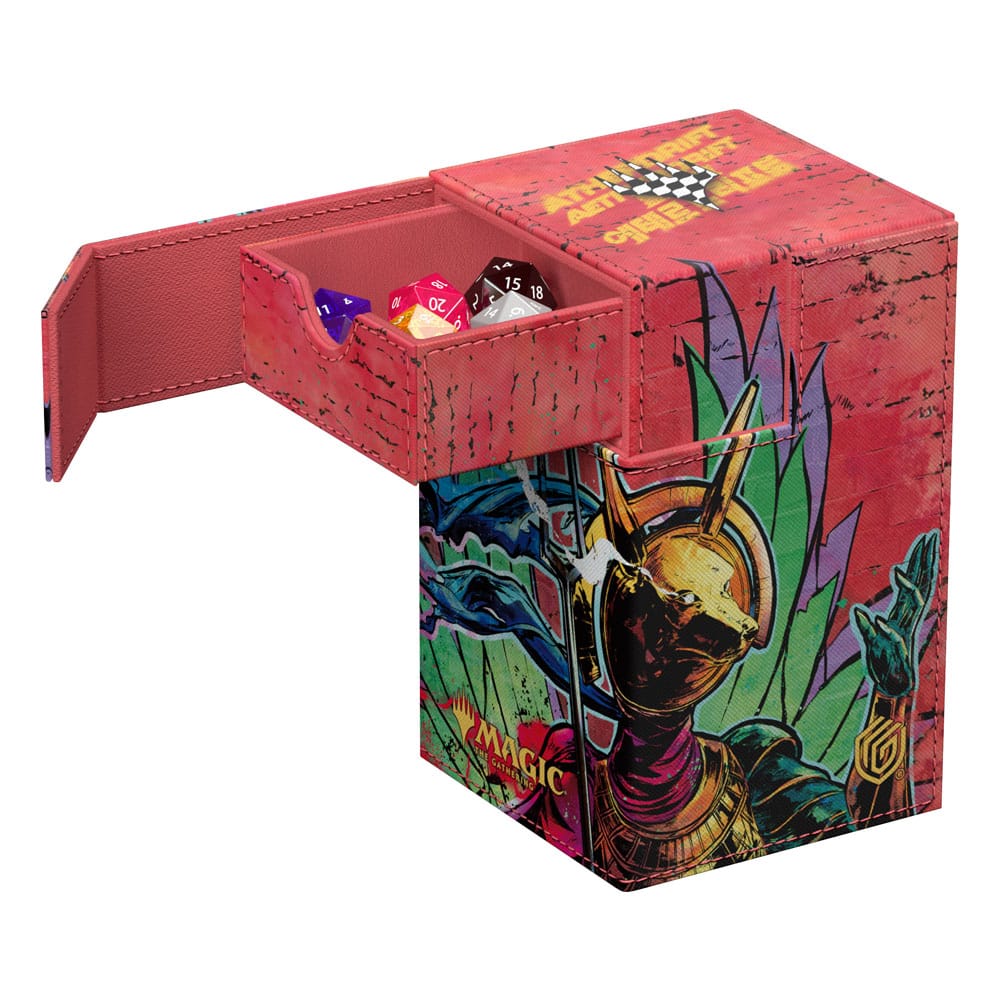 Ultimate Guard Flip'n'Tray 100+ Xenoskin Deck-Box mit Magic: The Gathering Aetherdrift Artwork, geöffnet mit Würfeln.