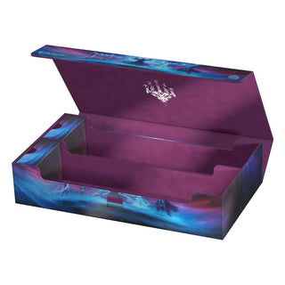 Ultimate Guard Omnihive 1000+ Xenoskin Deck-Box, offen, mit lila Innenraum und Drachenmotiv.