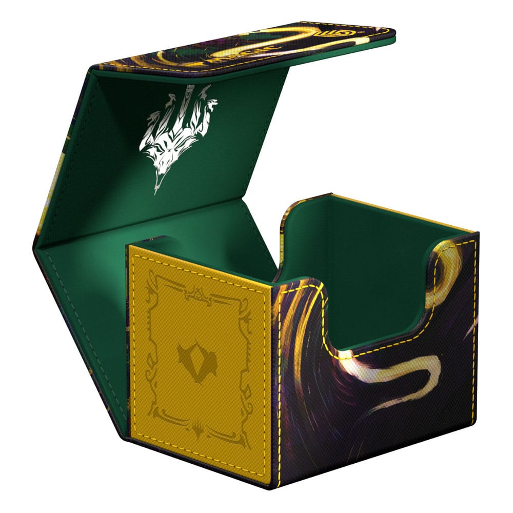 Ultimate Guard Sidewinder 100+ Xenoskin Kartenbox, geöffnet, mit grünem Innenraum und "Tarkir: Dragonstorm" Design.