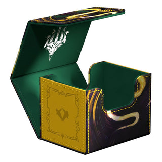 Ultimate Guard Sidewinder 100+ Xenoskin Kartenbox, geöffnet, mit grünem Innenraum und "Tarkir: Dragonstorm" Design.