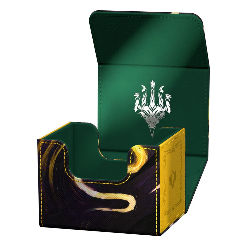 Ultimate Guard Sidewinder 100+ Xenoskin Kartenbox, offen, mit "Tarkir: Dragonstorm" Design, grün-gelbes Innenfutter.