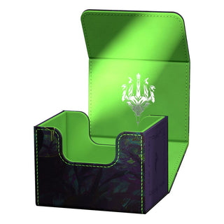 Ultimate Guard Sidewinder 100+ Xenoskin Kartenbox, grün-schwarz, geöffnet, mit Dragonstorm-Design für Magic: The Gathering.