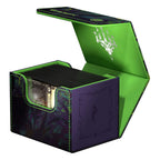 Ultimate Guard Sidewinder 100+ Xenoskin Kartenbox, offen, mit Karten, grün-lila Design, Magic: The Gathering Thema.
