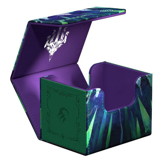 Ultimate Guard Sidewinder 100+ Xenoskin Kartenbox, offen, lila-grün mit Dragonstorm-Design, für Magic: The Gathering.