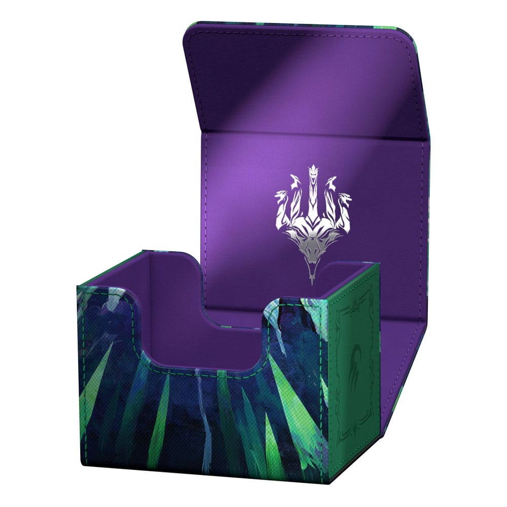 Ultimate Guard Sidewinder 100+ Xenoskin Kartenbox, lila und grün, offen, mit Dragonstorm-Design, für Magic: The Gathering.