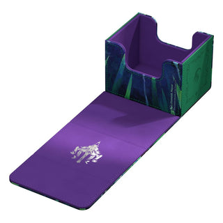 Ultimate Guard Sidewinder 100+ Xenoskin Kartenbox, lila und grün, geöffnet, für Magic: The Gathering Karten.