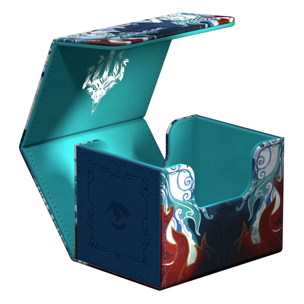 Ultimate Guard Sidewinder 100+ Xenoskin Kartenbox, offen, mit Dragonstorm-Design, türkis und rot, für Magic: The Gathering.