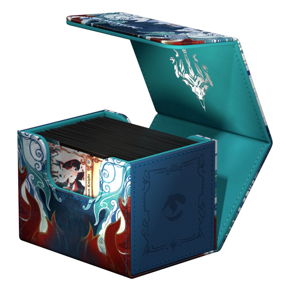 Ultimate Guard Sidewinder 100+ Xenoskin Kartenbox, offen mit Karten, "Tarkir: Dragonstorm" Design, Magnetverschluss.