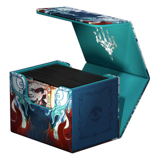 Ultimate Guard Sidewinder 100+ Xenoskin Kartenbox, offen mit Karten, "Tarkir: Dragonstorm" Design, Magnetverschluss.
