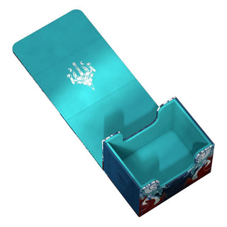 Offene Ultimate Guard Sidewinder 100+ Xenoskin Box, türkis, für Magic: The Gathering Karten, mit Dragonstorm-Design.