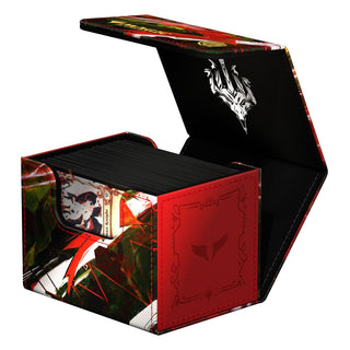 Ultimate Guard Sidewinder 100+ Xenoskin Kartenbox, rot-schwarz, geöffnet mit Karten, Magic: The Gathering Design.