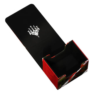 Offene Ultimate Guard Sidewinder 100+ Xenoskin Box, rot-schwarz, für Magic: The Gathering Karten, mit Magnetverschluss.