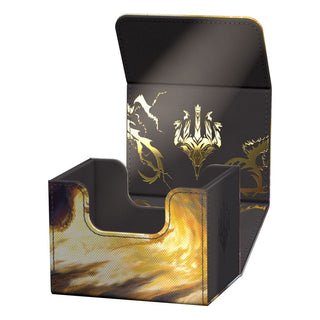 Ultimate Guard Sidewinder 100+ Xenoskin Deckbox mit Dragonstorm-Design, offen, zeigt schillernde Prägung innen.