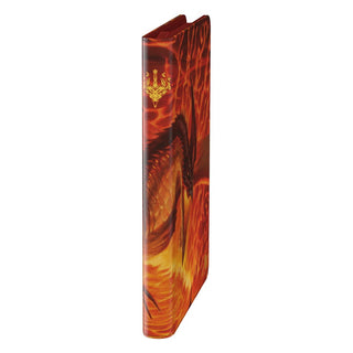 Ultimate Guard Zipfolio 360 Xenoskin Sammelkartenordner mit Magmatic Hellkite-Design, rot-orange, seitliche Ansicht.