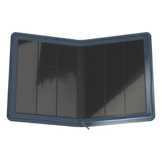Offenes Ultimate Guard Zipfolio 360 Xenoskin Sammelkartenordner mit leeren Fächern, Reißverschluss sichtbar.