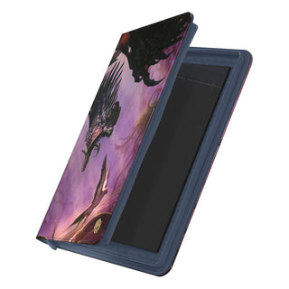 Ultimate Guard Zipfolio 360 Xenoskin Sammelkartenordner mit Drachenmotiv, offen, lila Hintergrund.