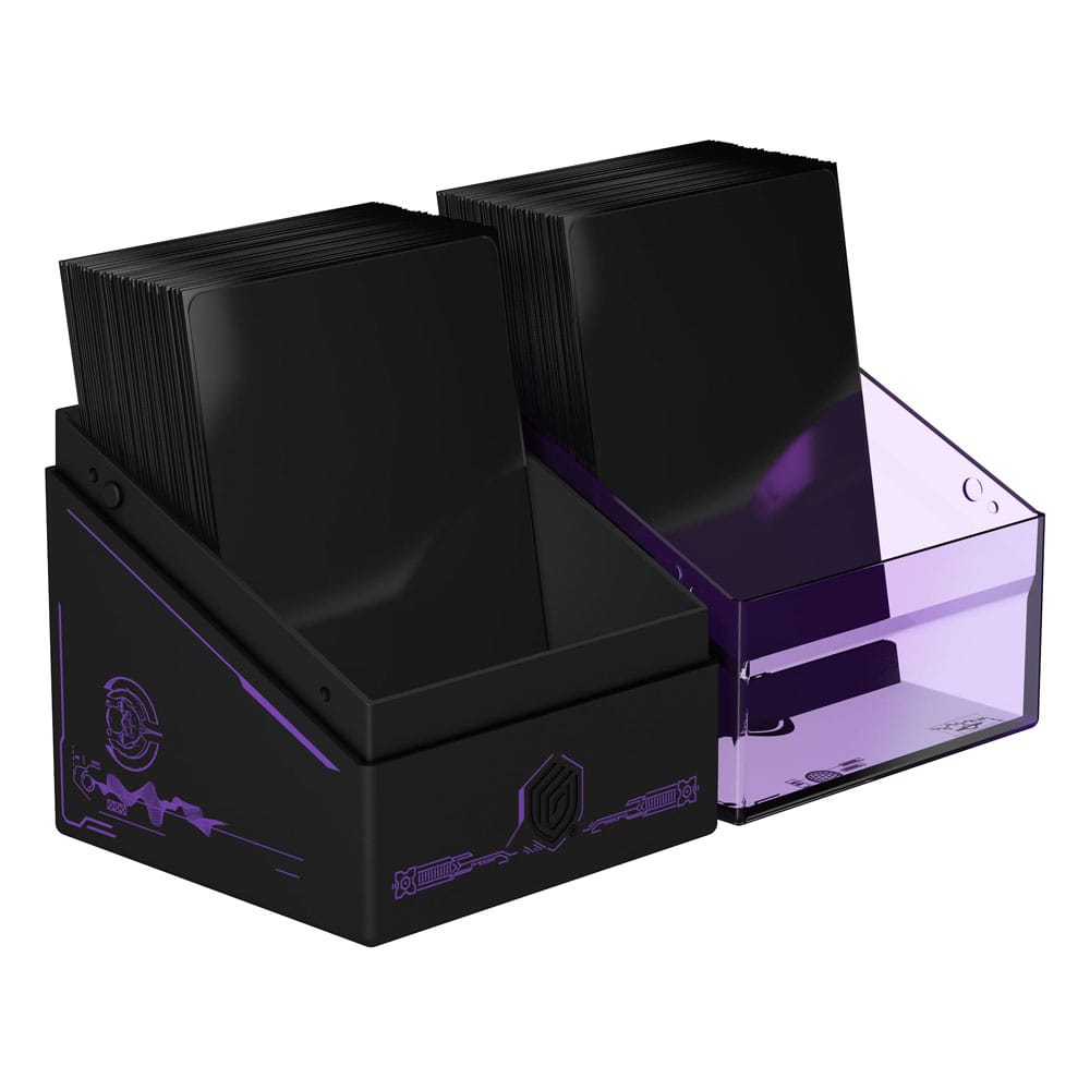 Ultimate Guard Boulder 100+ Deck-Box mit Magic: The Gathering Design, schwarz und lila, geöffnet mit Karten.