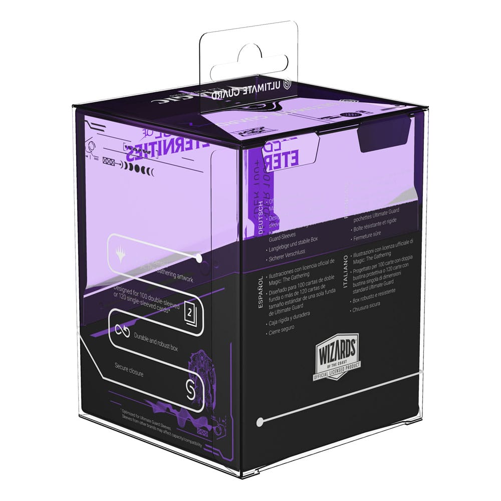 Ultimate Guard Boulder 100+ Deck-Box mit Magic: The Gathering Artwork, lila Verpackung, sicherer Verschluss.