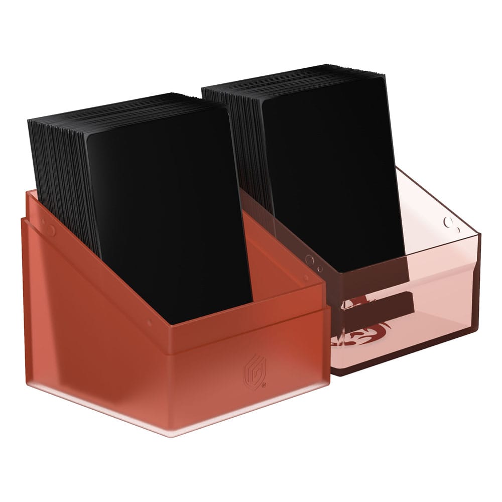 Ultimate Guard Boulder 100+ Hybrid Deckbox, transparent und rot, mit Magic: The Gathering Karten.