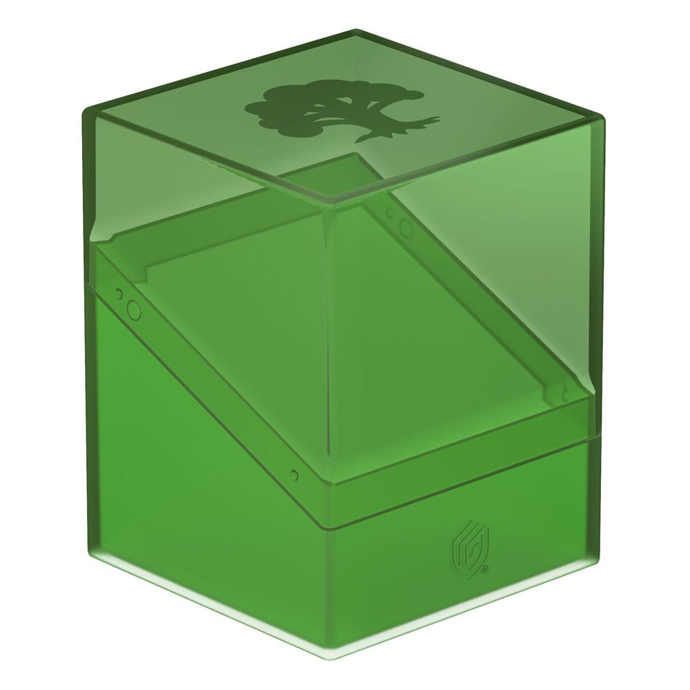 Grüne Ultimate Guard Boulder 100+ Hybrid Deckbox mit transparentem Deckel und Waldsymbol für Magic: The Gathering Karten.