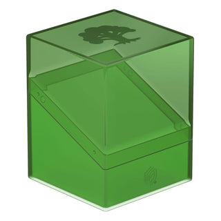 Grüne Ultimate Guard Boulder 100+ Hybrid Deckbox mit transparentem Deckel und Waldsymbol für Magic: The Gathering Karten.